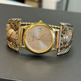 Vintage Pulsar Watch Date 33mm on a Native America Sterling Ornate Watch Tips Flex Band