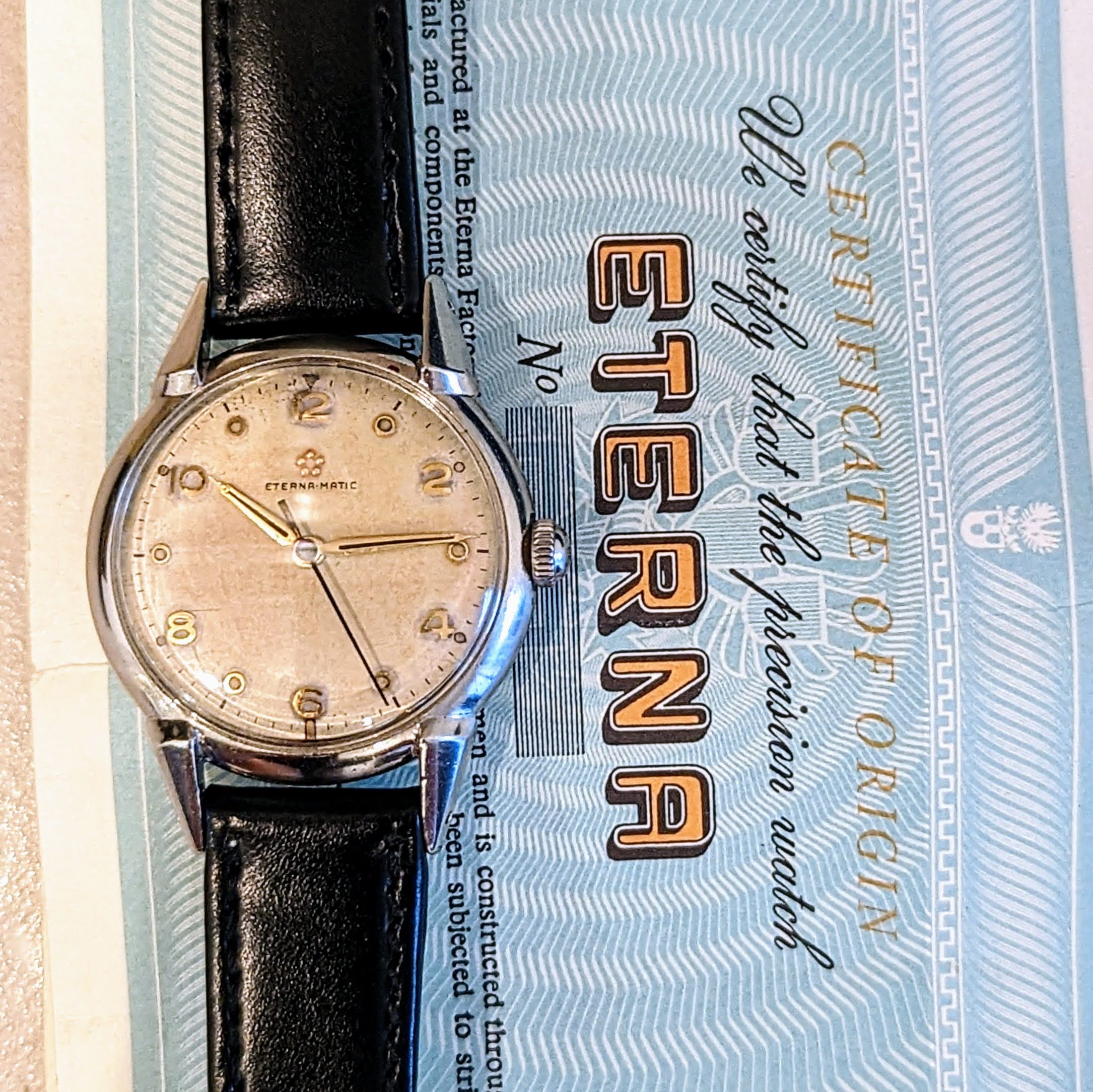 1950s ETERNA-MATIC Watch Vintage Automatic Wristwatch Fancy Lugs! Box Papers!